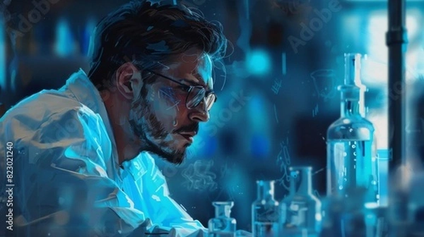 Fototapeta Focused scientist in a laboratory filled with glassware, conducting an experiment under blue lighting, showcasing scientific research and innovation.