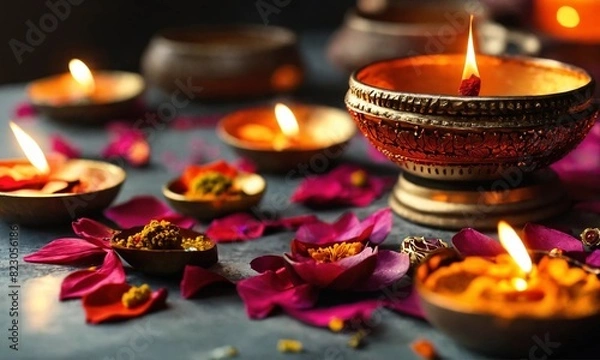 Fototapeta Diwali celebration Indian festival of lights Diya oil lamp and colors Rangoli decoration bright colorful flowers