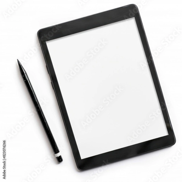 Fototapeta Digital tablet with a stylus pen on a white background, highlighting the device's sleek design and utility.