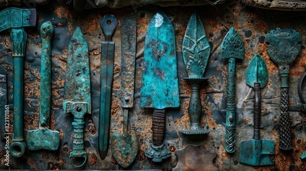 Fototapeta Depict a collection of bronze tools and weapons from a historical period, showing the durability and craftsmanship of the alloy, Close up