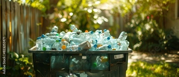 Fototapeta A recycling bin overflowing with plastic bottles