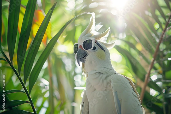 Fototapeta cute parrot wearing a sunglasses , surrounded by tall tropical plants, summer greeting card, fashion 