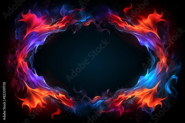 Fototapeta Abstract blue and red fire flames frame on black background. Template or banner, creative design with copyspace