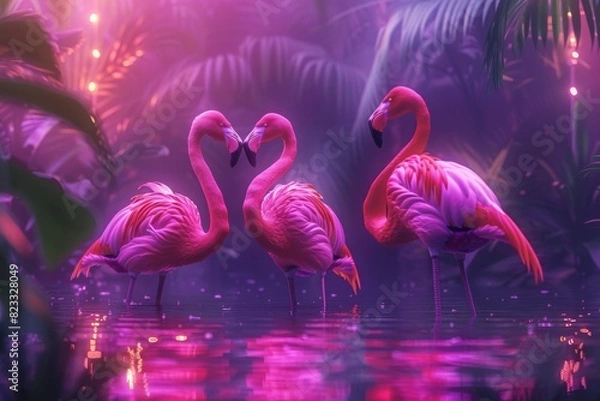 Fototapeta Neon Flamingos by Neon-Lit Pool with Tropical Vibe

