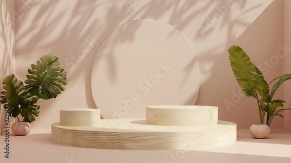 Fototapeta Podium background display 3d wood stand scene beige studio beauty stage platform. Mockup display podium pedestal background cosmetic organic minimal cream eco presentation drink empty abstract render