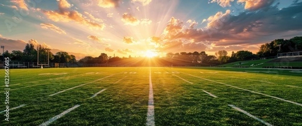 Fototapeta Sunset Over A High School Football Field With Copy Space, Football Background