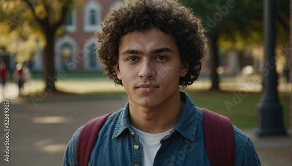 Fototapeta Portrait of young curly male college student at campus looking at camera