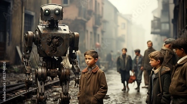 Fototapeta Evocative image of a boy facing a robot in a dystopian world, showcasing the human-robot relationship