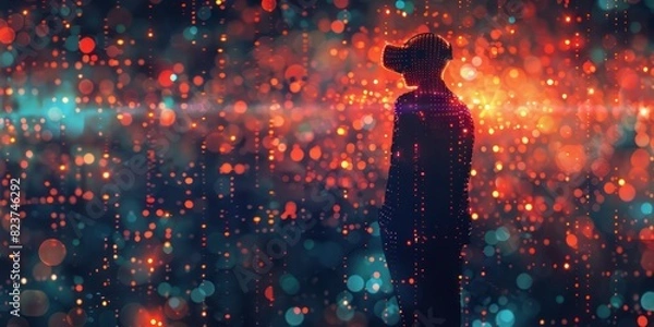 Fototapeta Silhouette of a person wearing VR headset surrounded by colorful bokeh lights, exploring a virtual reality world, evoking a sense of wonder.