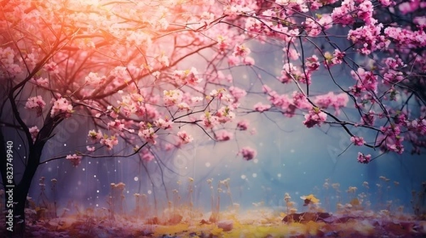 Fototapeta Seasonal spring flowers trees background. Beautiful season image with colored spring flowers trees in a colorful blurred background