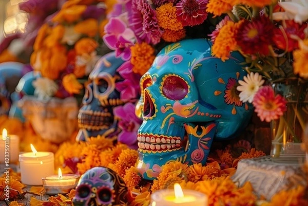 Fototapeta Colorful Day of the Dead altar featuring intricate decorations and animated dancing Catrina skeletons