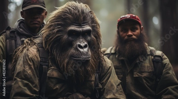 Fototapeta A staged photo with two men and a person in a realistic gorilla costume in the forest