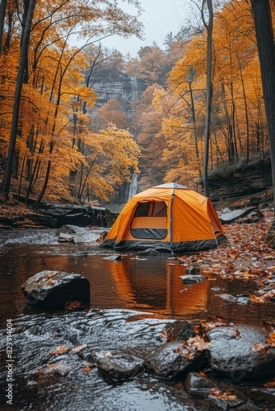 Fototapeta A serene autumn camping site in a forest with vibrant orange foliage, a picturesque waterfall in the background, and a bright orange tent by a calm stream