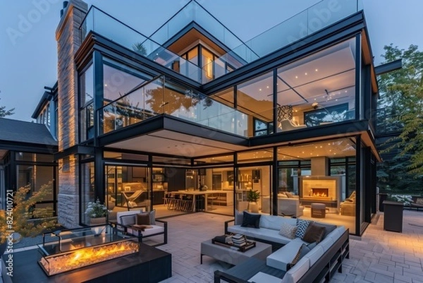 Fototapeta : A sophisticated modern suburban house with a glass and steel exterior, a cantilevered second floor, and a luxurious outdoor patio with a fireplace and seating area.