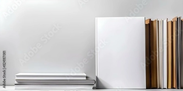 Fototapeta Mockup of a white book cover on a blank notepad against a white background for design purposes. Concept Book Cover Design, Mockup Template, Blank Notepad, White Background, Graphic Design