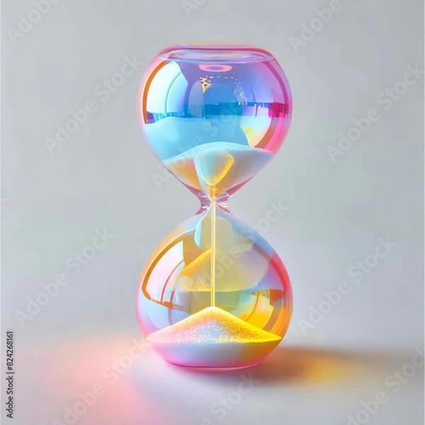 Fototapeta Artistic neon water hourglass with multiple colors layering, showcased on a minimalist white backdrop