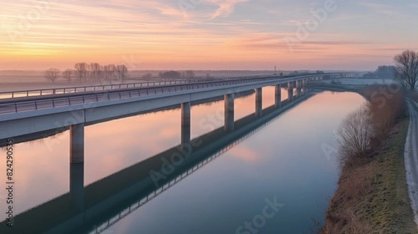 Fototapeta  Bridge over a tranquil river during sunrise. The bridge is modern in design, with sleek lines and no visible supports from above. The sky is painted with soft orange and pink hues. 