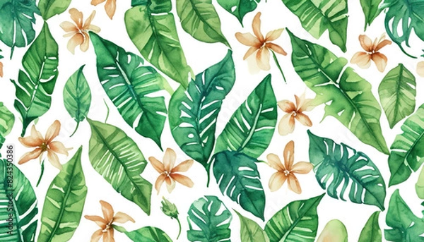 Fototapeta Watercolor of Tropical spring floral green leaves and flowers s isolated on transparent png background, bouquets greeting or wedding card decoration, with Generative Ai