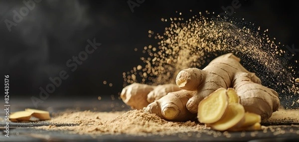 Fototapeta Fresh ginger roots and powder on a dark background, bright and detailed lighting