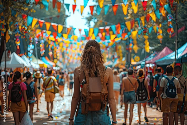 Fototapeta Rear view girl visit and has fun on summer festival, fair, and outdoor events with vibrant colors and joyful crowds