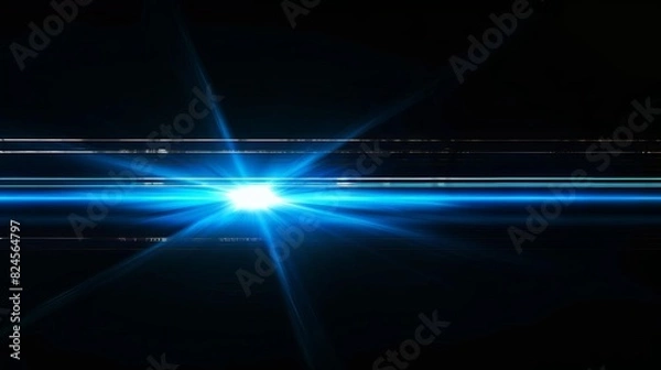 Obraz A blue light reflection is seen on a black background caused by a neon lens flare