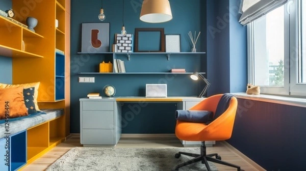 Fototapeta Workspace with desk and chair in elegant teenager's room with blue and orange design