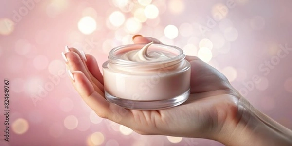 Fototapeta Hands of a beautiful well-groomed woman with a cream jar on a pink textural background. Moisturizer for clean and soft skin in the winter. I love the body. Healthcare concept.