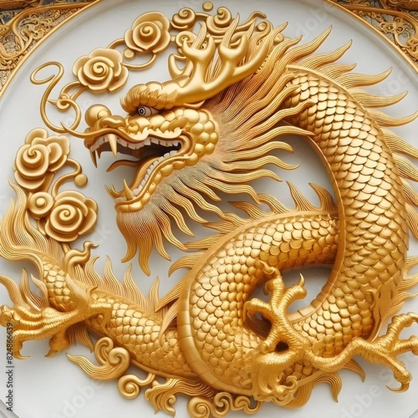 Fototapeta Chinese golden dragon on a white background.