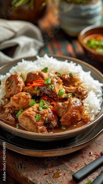 Fototapeta A serving of chicken adobo with tender chicken pieces in a soyvinegar sauce, served with steamed rice in a Filipino home setting