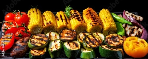 Fototapeta Assorted grilled vegetables including corn, tomatoes, and zucchini arranged in a colorful display on a black background.