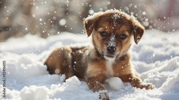 Fototapeta An adorable puppy playing in the snow, its fur dusted with snowflakes and its eyes sparkling with delight.