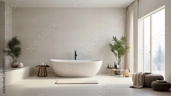 Fototapeta A modern and minimal bathroom interior with bathtub.