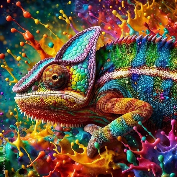 Fototapeta Rainbow Colour Chameleon closeup at paint splash background ,Chameleon Sitting ,nature ,reptile ,lizard ,dragon , animal ,green , branch ,illustration .