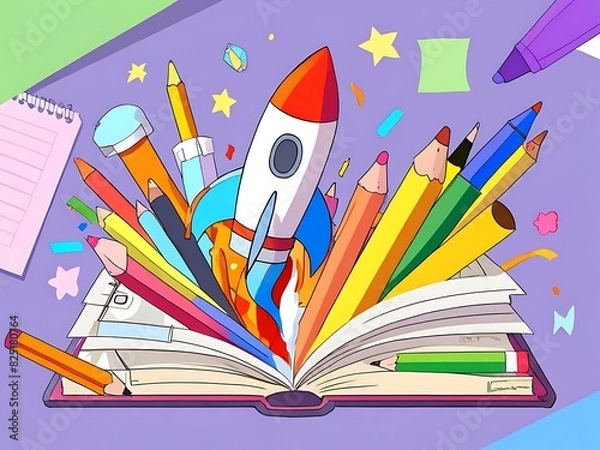 Fototapeta Open Book with Rocket Ship and Colorful Pencils, Space for Creativity and Learning.