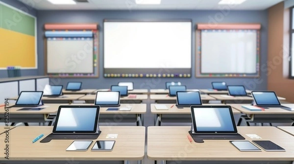 Fototapeta A modern classroom with a smartboard, desks with tablets, and a blank space on the smartboard for text,