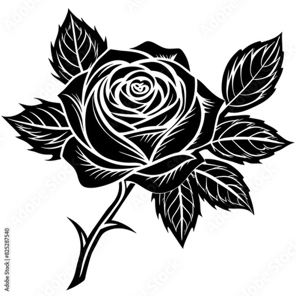 Fototapeta rose-linocut-with-branch-white-background