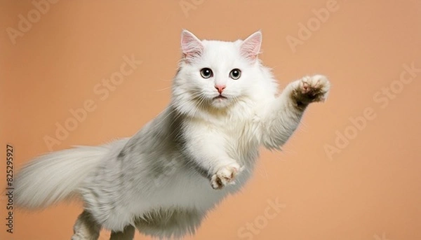 Fototapeta Happy fluffy white cat jumping on isolated solid background