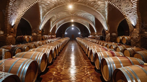 Fototapeta A wine cellar in the wine industry with a large number of oak barrels for wine. A large wine cellar with large columns and arches.