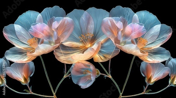 Fototapeta  Close-up of black background, blooming petals reflected