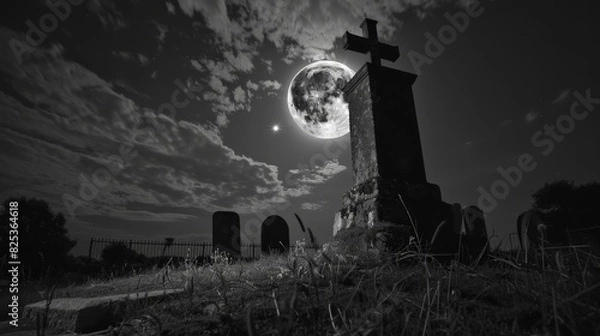 Fototapeta Graveyard with tombstones under the full moon at night