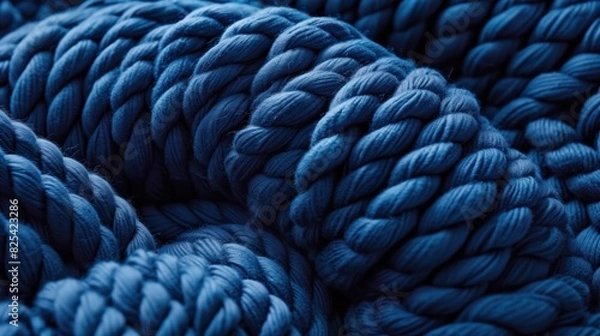 Fototapeta Thick blue nautical rope coiled neatly, emphasizing its strong, woven structure.