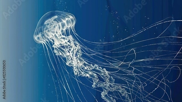 Fototapeta   A clear close-up of a jellyfish against a blue backdrop, showing the entire creature in focus