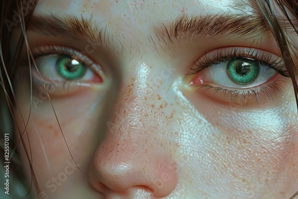 Fototapeta Detailed image capturing the captivating green eyes of a young woman, showcasing her unique beauty