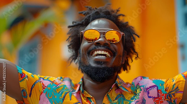 Fototapeta A Close-up Portrait of a Man Wearing Colorful Clothing and Sunglasses, Smiling at the Camera During a Festive Celebration