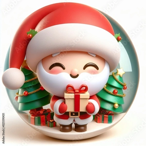 Fototapeta Animated character 3D image of cute, kind, little santa claus in a hat with a decorated christmas tree. composition in a ball