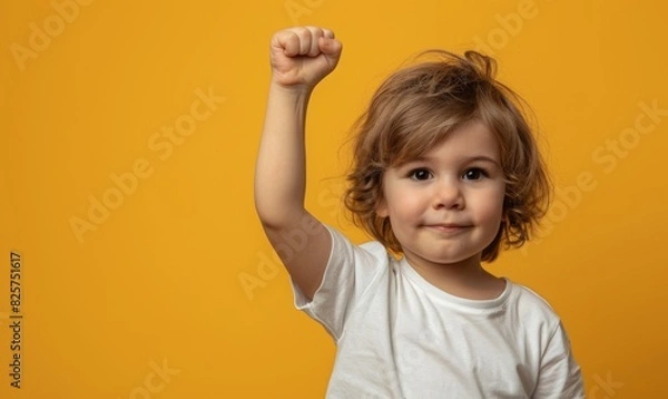 Fototapeta Kid fist upward on yellow background. american child raise hand.