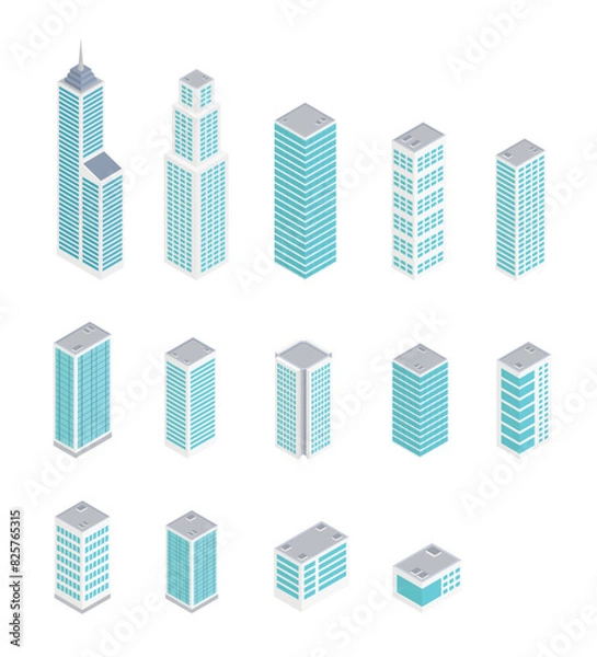 Fototapeta Isometric skyscraper set. Urban city architecture office buildings. Modern city buildings isometry.