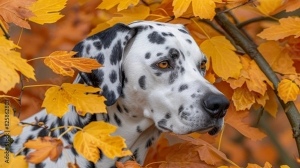 Fototapeta  A Dalmatian dog seated in a tree, surrounded by autumn leaves on its branches Seriously gazing at the camera below