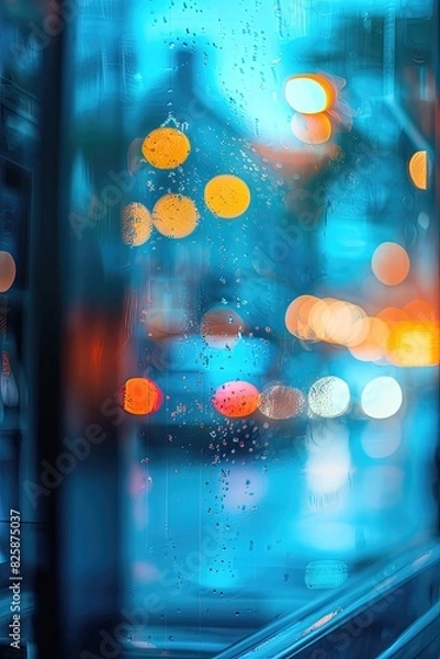 Fototapeta A blurry image of a city street with raindrops on the window