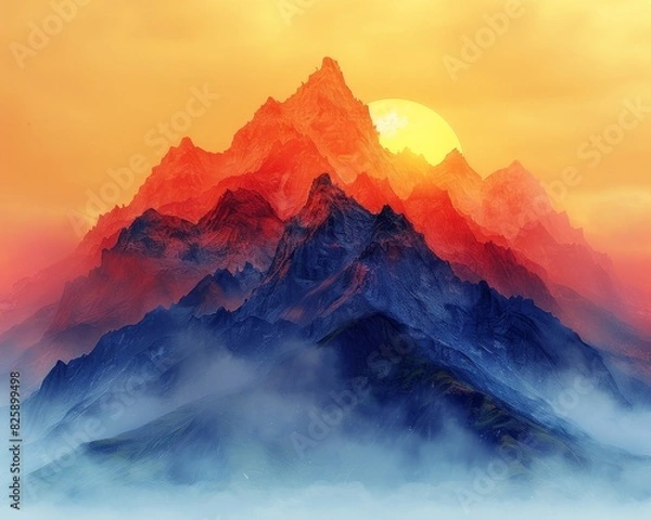 Fototapeta Stunning sunrise over misty mountain peaks, casting vibrant colors and a serene atmosphere. A breathtaking landscape shot capturing nature's beauty.